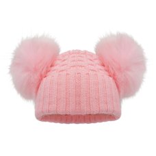 H674-BP: Baby Pink Checked Hat w/Pom Poms (2-5 Years)